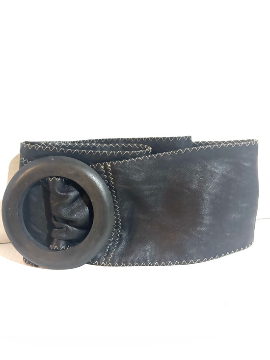 Handmade Black Leather Circle-Handle Bag with Contrast Stitching